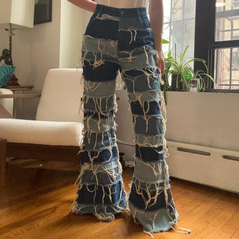 Sportmax Patchwork Denim Jeans with High Waist and Flare Bottoms Size 28